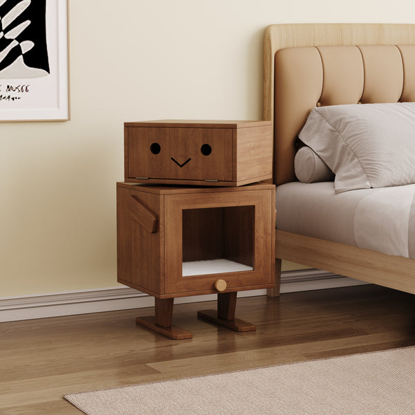 Catsvillas Cherry Wood Bedsides Cabinet with Cushions