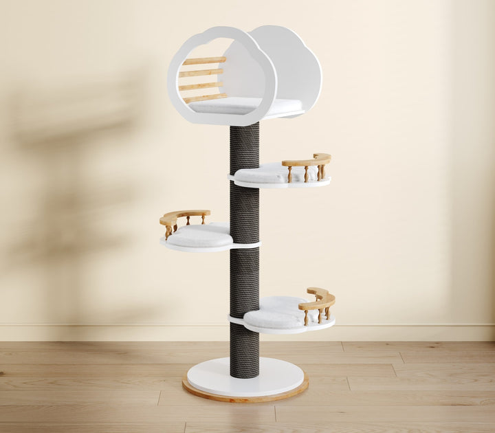 Catsvillas Lonra modern solid wood cat tree tower with scratching posts, black & white