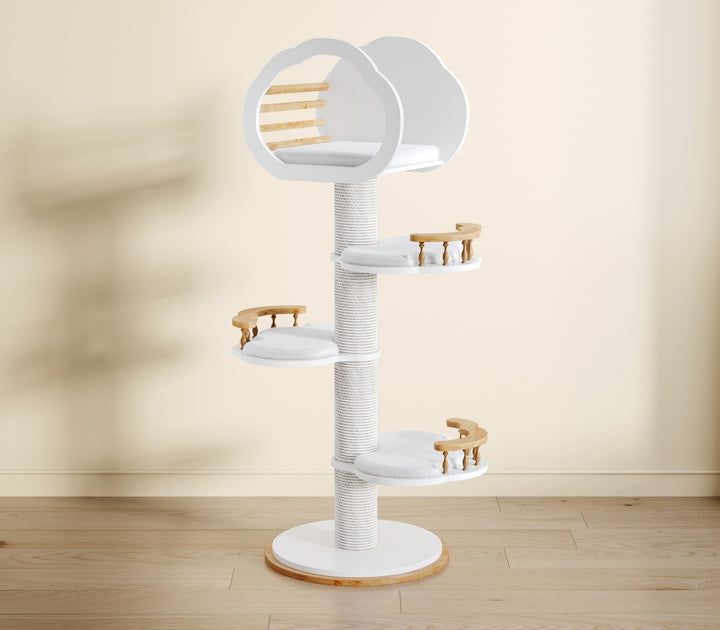 Catsvillas Lonra modern solid wood cat tree tower with scratching posts, white