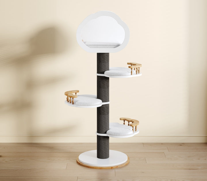 Catsvillas Lonra modern solid wood cat tree tower with scratching posts, black & white