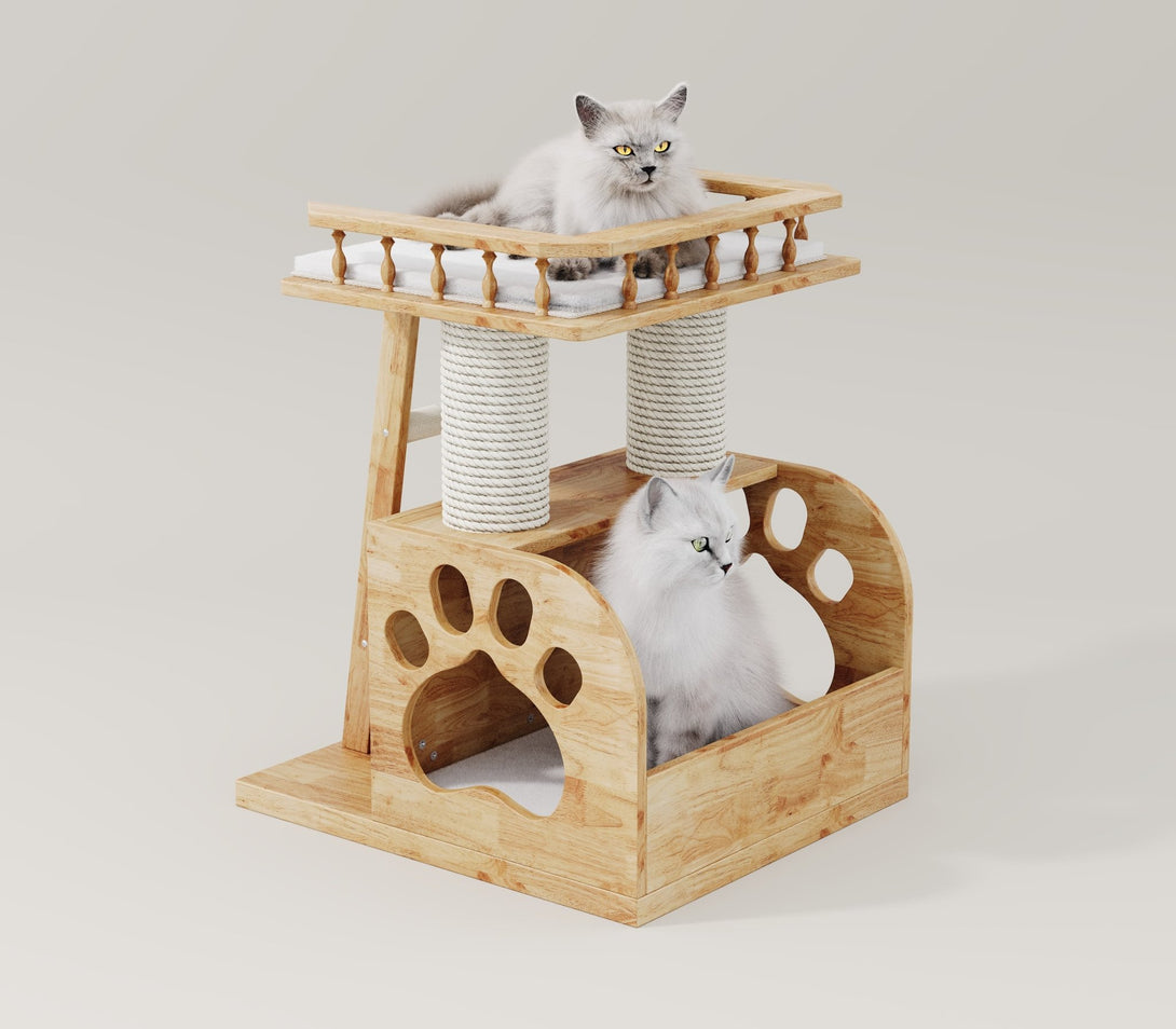 Catsvillas Shona solid wood cat tree, cat house, scratching posts & cushion