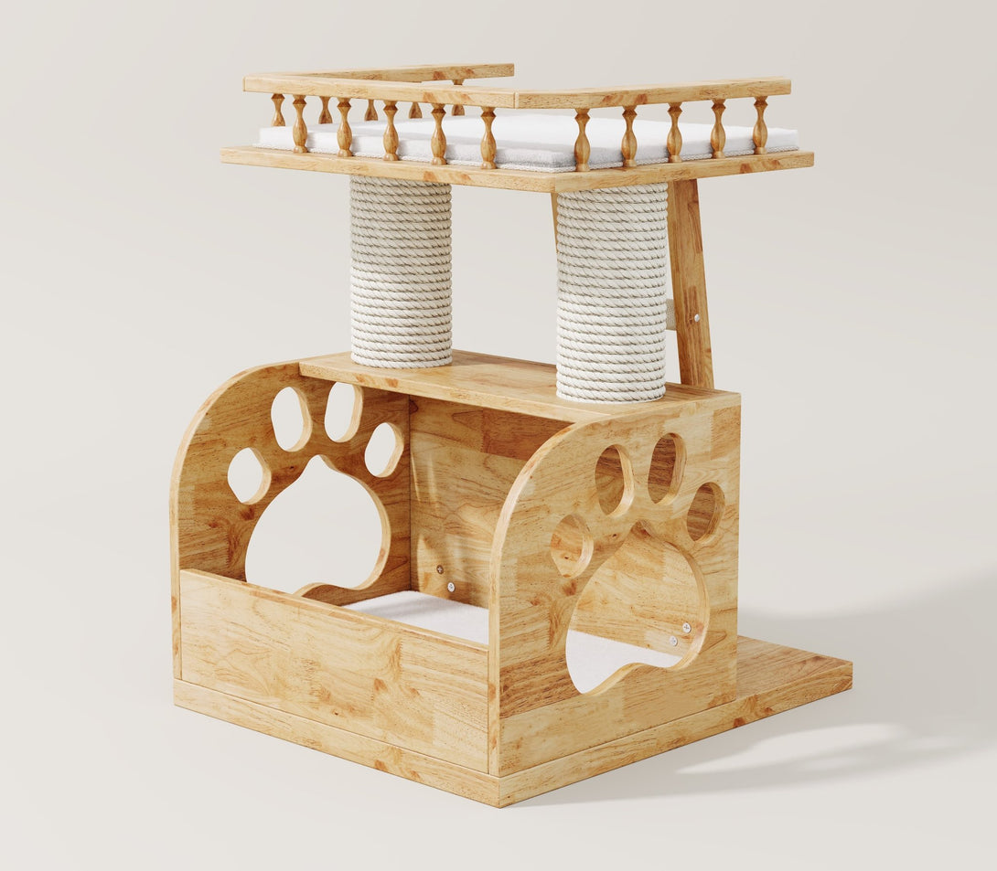 Catsvillas Shona solid wood cat tree, cat house, scratching posts & cushion